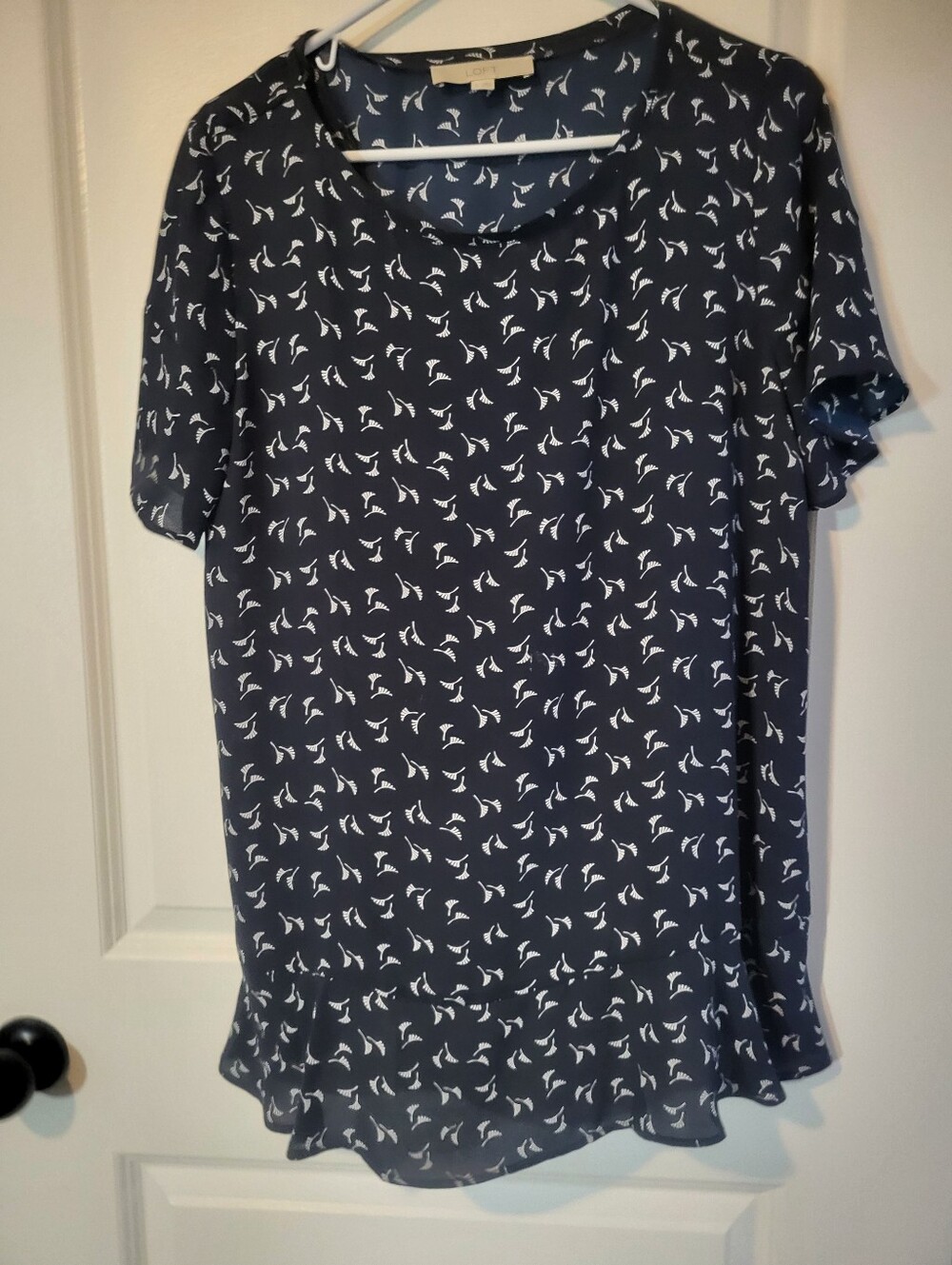 LOFT Navy Blue Short Sleeve Printed Ruffle Hem Blouse